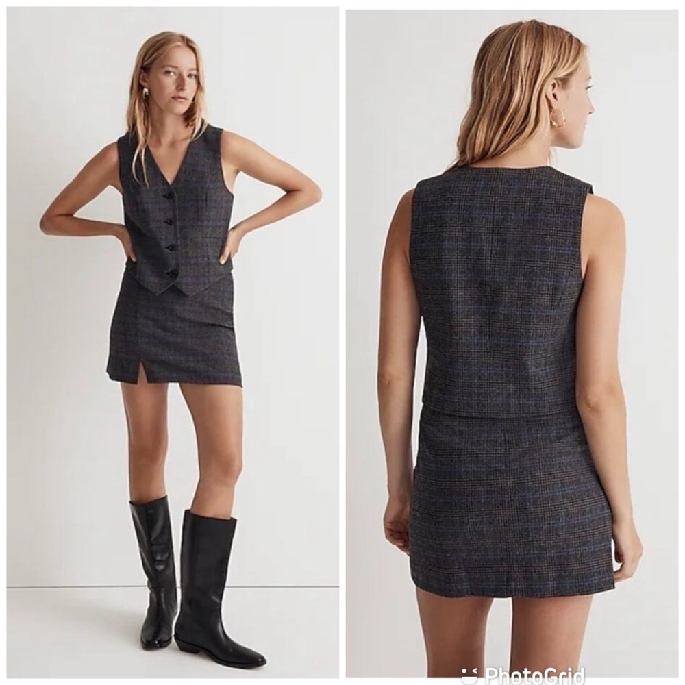 Madewell Wool-Blend Suiting Vest + Skirt SET Mini Glen Plaid